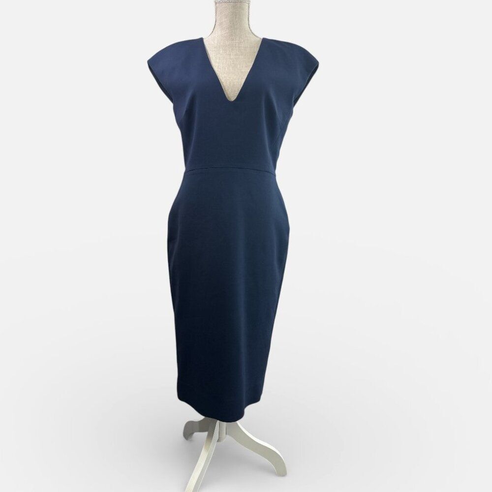 Victoria Beckham Midi Dress  Back Zip Sheath Navy Blue Size 10 Made in England